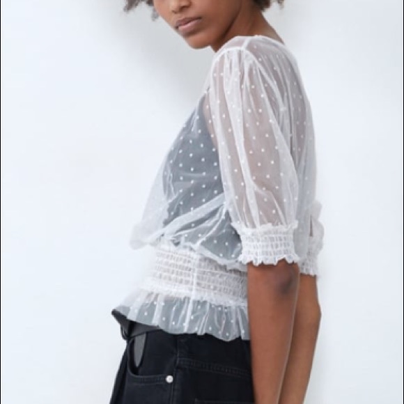 🌞NWT Zara Semi Sheer Polka Dot White Top M - Picture 3 of 7